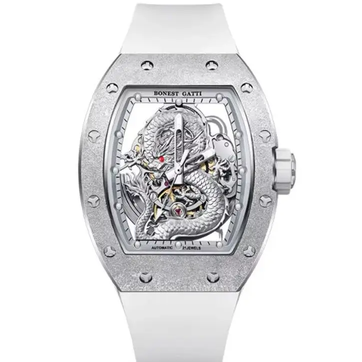 BONEST GATTI Men Automatic Watch 43mm Tonneau Mechanical Wristwatch Sapphire Mirror Luminous Skeleton Dragon Dial FKM Strap