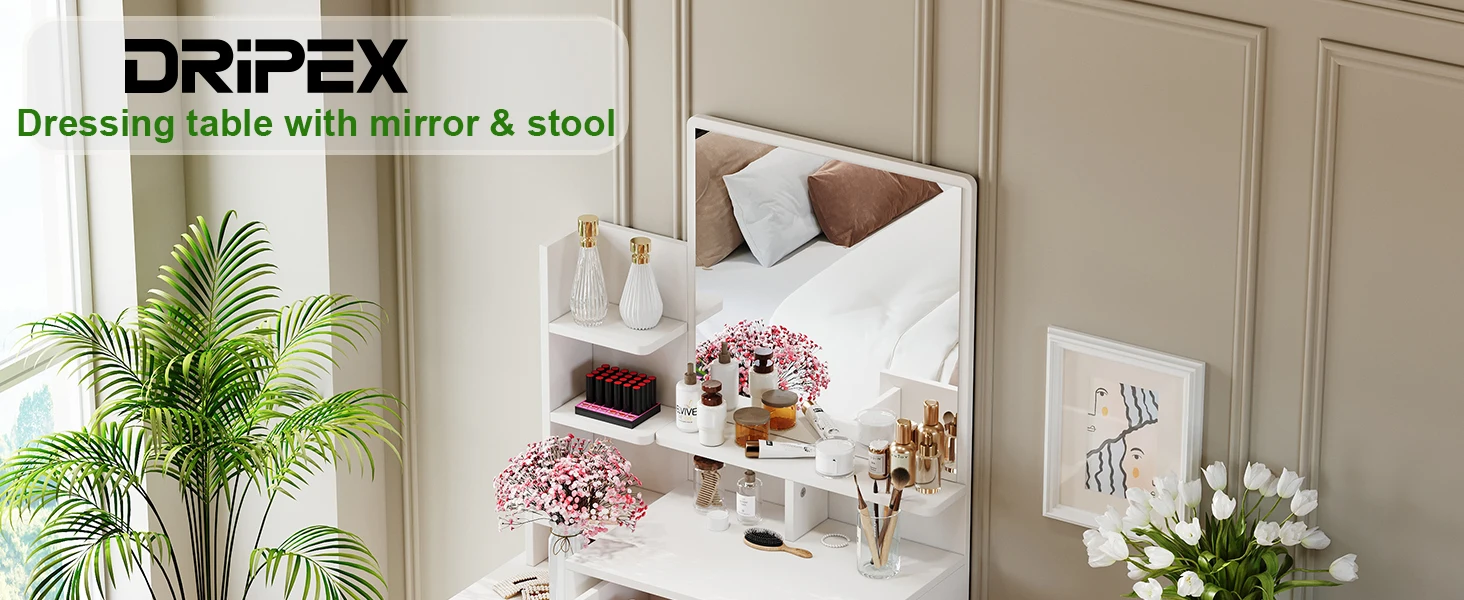 DRIPEX dressing table with mirror and stool. White furniture set with drawers, featuring accessories like flowers and a plant for decoration.