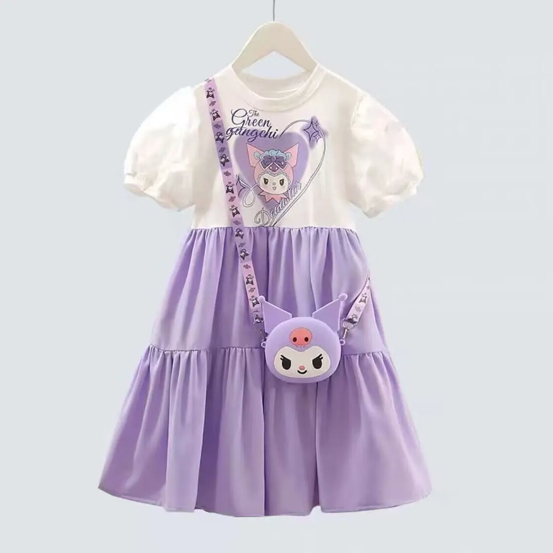 Anime Sanrioed Kuromi Girls Clothing Fashion Short Sleeve Dress Sweet Princess Dress Cartoon Korean Vestidos Summer Dress Gift