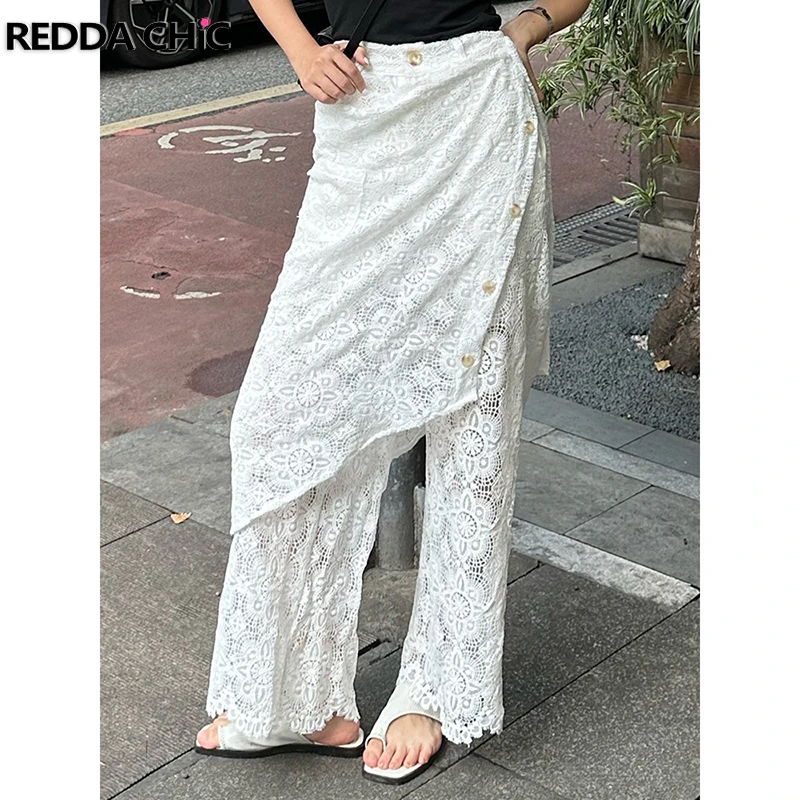 REDDACHiC Detachable Skirt Overlay Wide Leg Pants Women Boho Floral Lace Hollow Plain Wrap-around Pants Casual Holiday Clothes