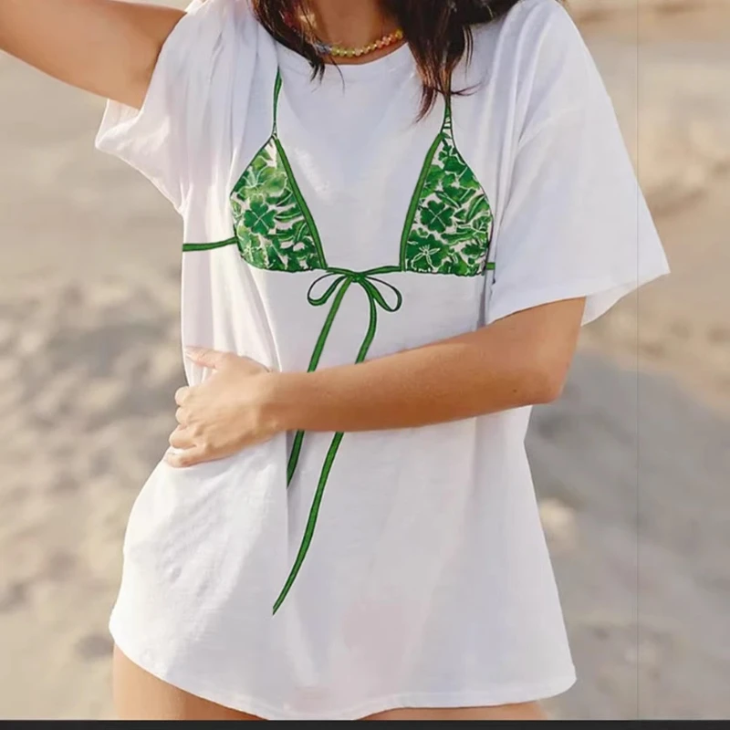 

2026 Summer New Hot Selling Street Style Bikini Pattern Printed Cotton Relaxation T-shirt for Women