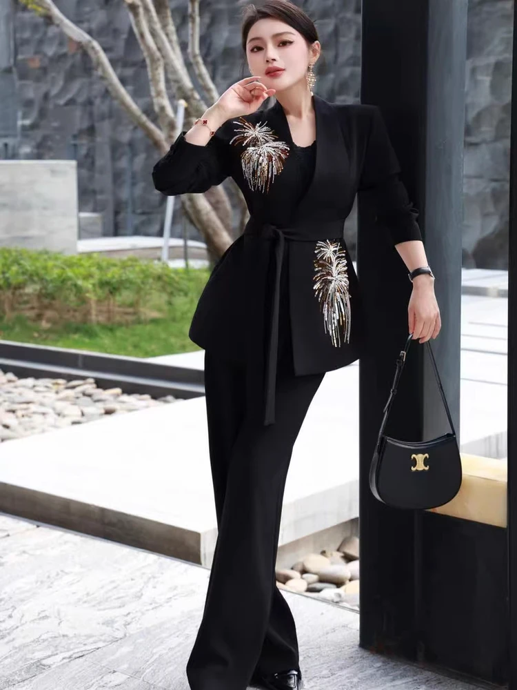 

Busin Interview Profional Women's Suit Pants Set Diamond Embedded Firework Slimming Formal Career Polyester Long Sve