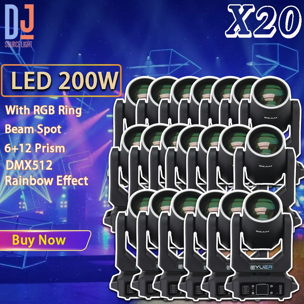 20Pcs 200W LED Moving Head Light Beam Spot With Ring DJ Stage Light 18 Prism Rainbow Effect DMX512 For Disco Party Xmas Club Bar