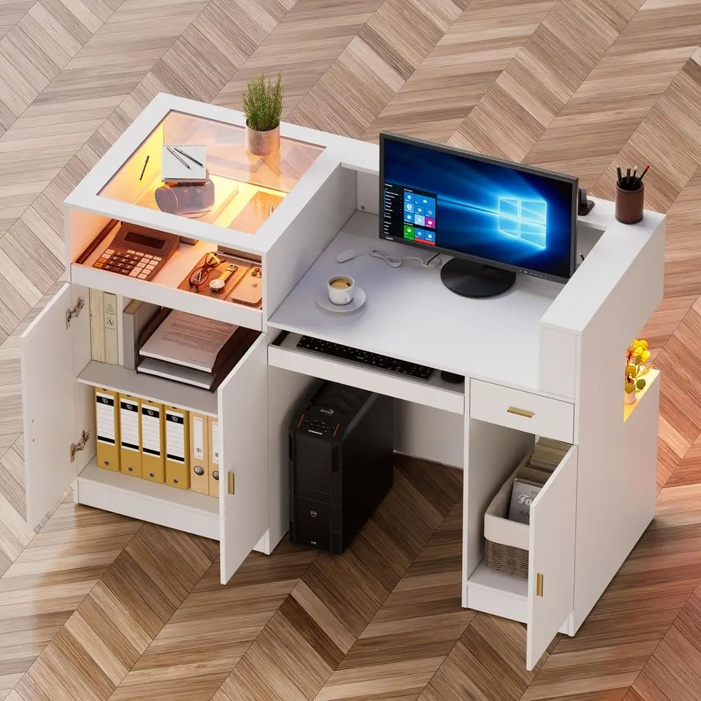 

Большой ресепшн-стол 59 дюймов со светодиодной подсветкой, стеклянной полкой и деревянной столешницей для кассы или зон ожидания, SNS