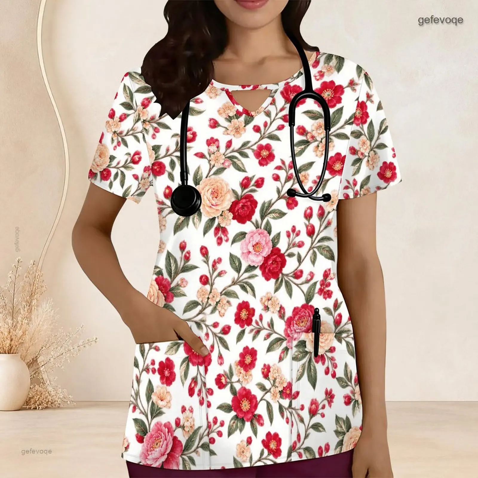 Printed Scrub Top for Women Keyhole Neck Short Sleeve Front Pockets