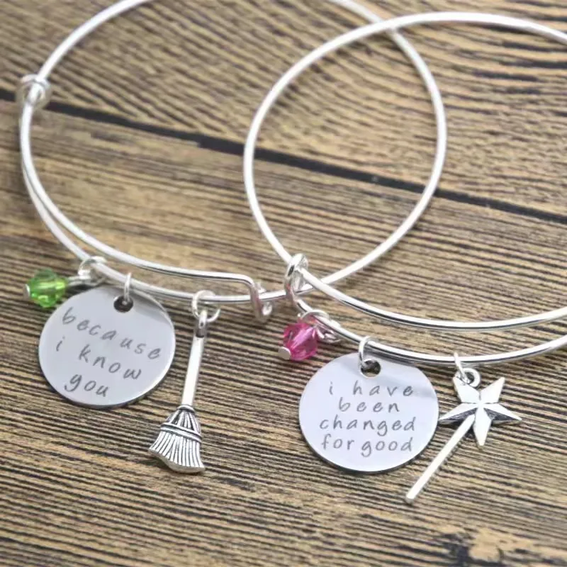 Wicked the Musical Inspired Elphaba and Galinda 'because i know you' BFF Bangle Bracelet Magic Wand Broom Charm Jewelry Gift