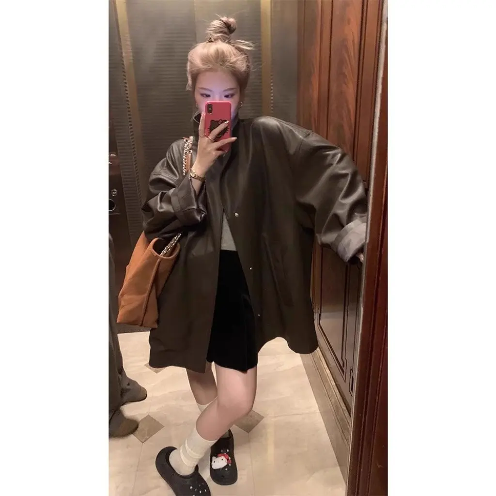 Feminino retro gola alta jaqueta de couro outono estilo coreano hong kong blusão versátil topo novo