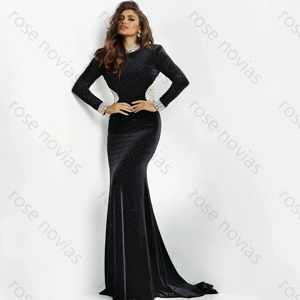 High Quality Simple Black Classic Evening Dresses Velour for Floor-Length O-Neck Backless Prom Dress Straight Crystal Customized