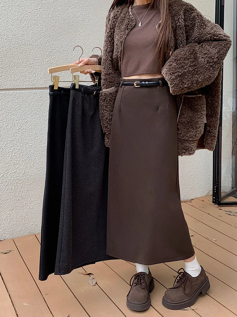 

S-XL, 2 цвета, осень и зима 2026, длинная шерстяная юбка с большим низом, женские шерстяные юбки с высокой талией, Saia Feminina (mm1593)