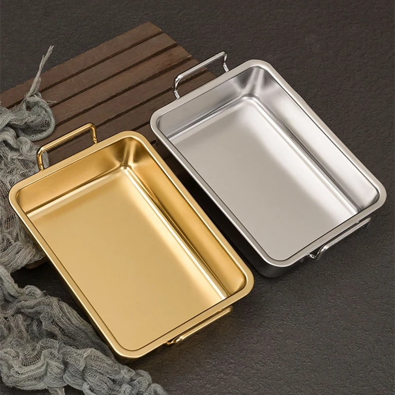 304 Stainless Steel Food Storage Tray with Handle Plates Silver Gold Metal Pastry Pan BBQ Snacks Sushi Dish Kitchen Utensils