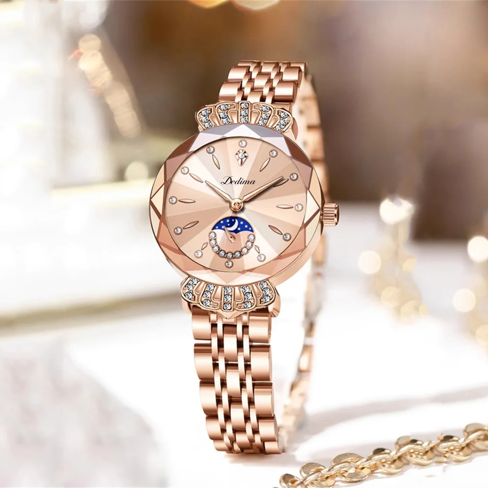 Luxury Watch For Woman Diamond Ladies Quartz Watch Waterproof Phase of the Moon Stainless Steel Rose Gold Women Watches