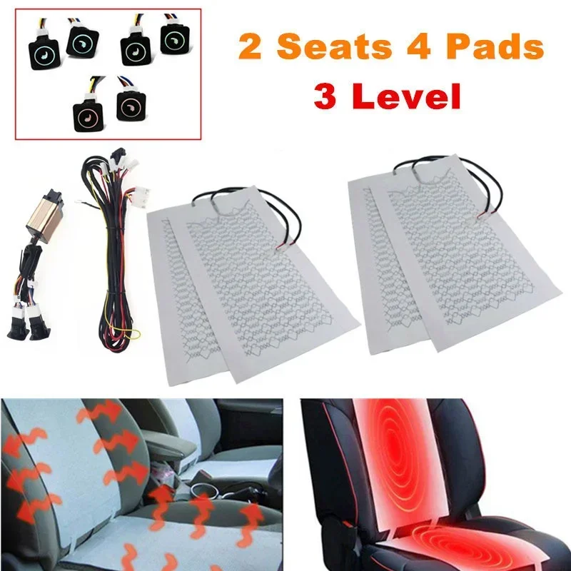 2 Seat 4 Pads 3 Levels 12V Car Heated Seat Pads Carbon Fiber Universal Auto Heat Heating Seat Cover Winter Warmer Cushion