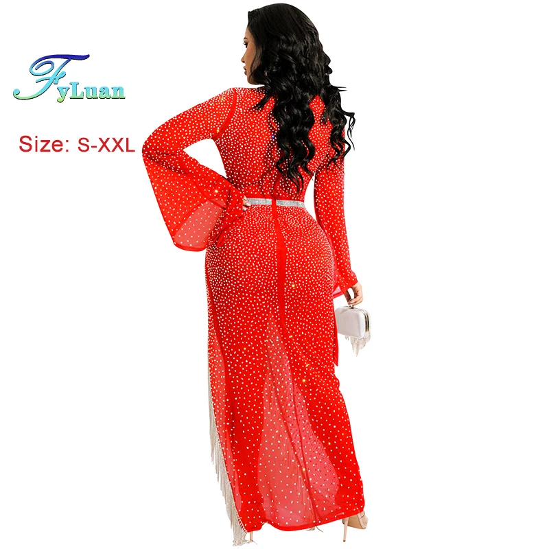 عميق الخامس الرقبة المرأة سبليت هيم سليم صالح فستان انظر من خلال كم طويل مثير مجموعة الماس ذيل السمكة فستان سهرة عيد ميلاد رداء