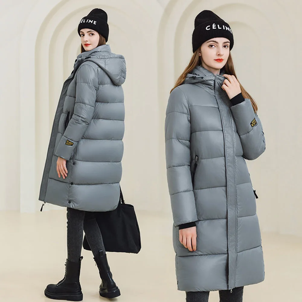 2024 Winter Zwart Goud Donsjack Voor Dames Klassiekers Losse Katoenen Jas Over Knie Capuchon Parka Dames Trend Dikke Bovenkleding