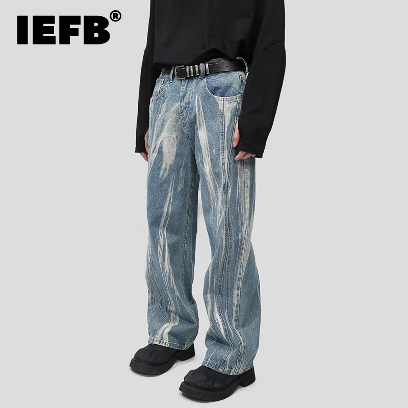 IEFB Men\'s Baggy Jeans Trend New Korean Style Tie Dye Niche Design Fashion Male Wide Leg Denim Pants Loose Streetwear 9C2535