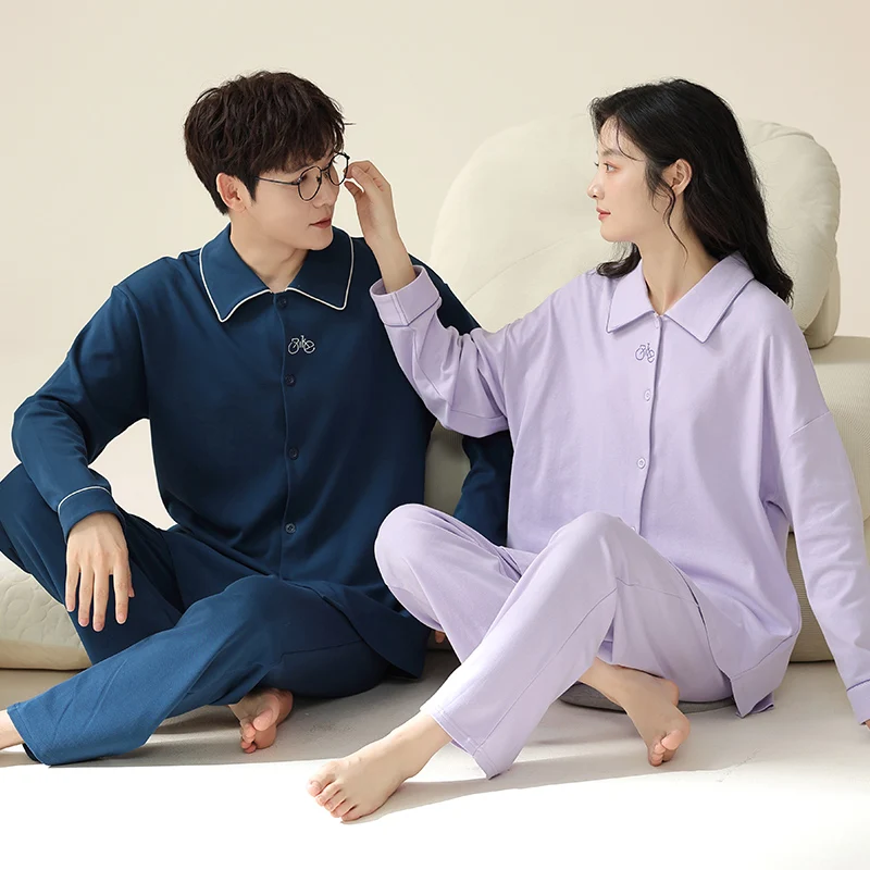 

High Quality Couple Pajama Sets Long Sleeve Knited Cotton Leisure Spring and Autumn Turn-down Collar Solid Loungewear