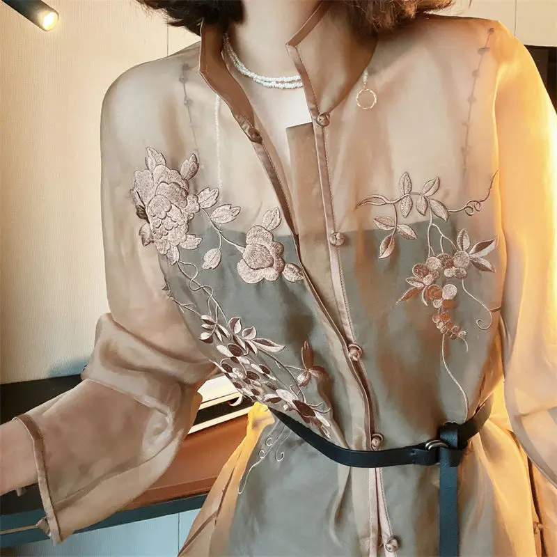 Spring Summer New Chinese Style Retro Women\'s Embroidered Blouses Solid Color Split Loose Stand Collar Long Sleeve Button Shirts