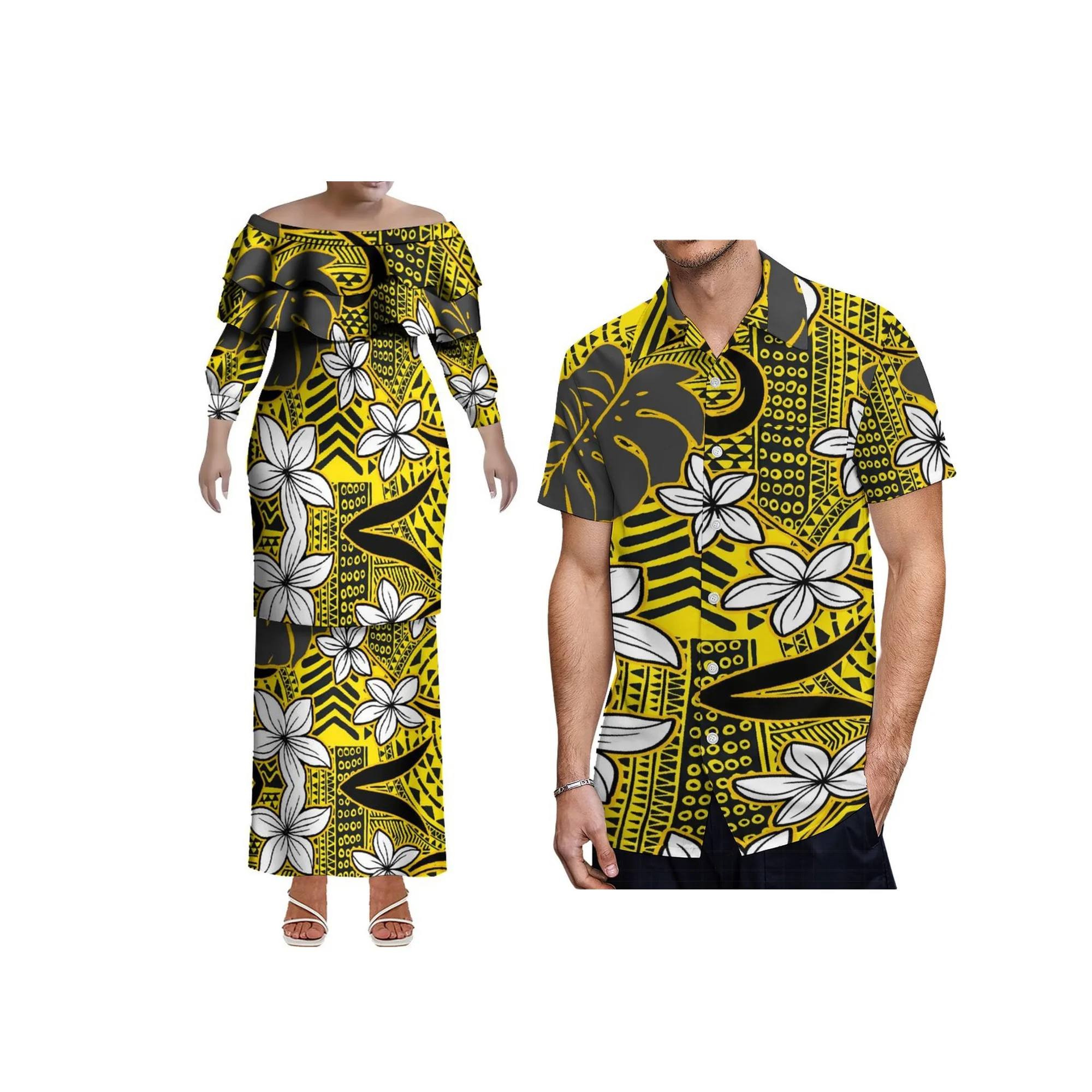 

Summer Off Shoulder Polyensian Dress Custom Samoan Puletasi Double Layered Ruffle Dress Big Size Women Long Dress Two Piece Set
