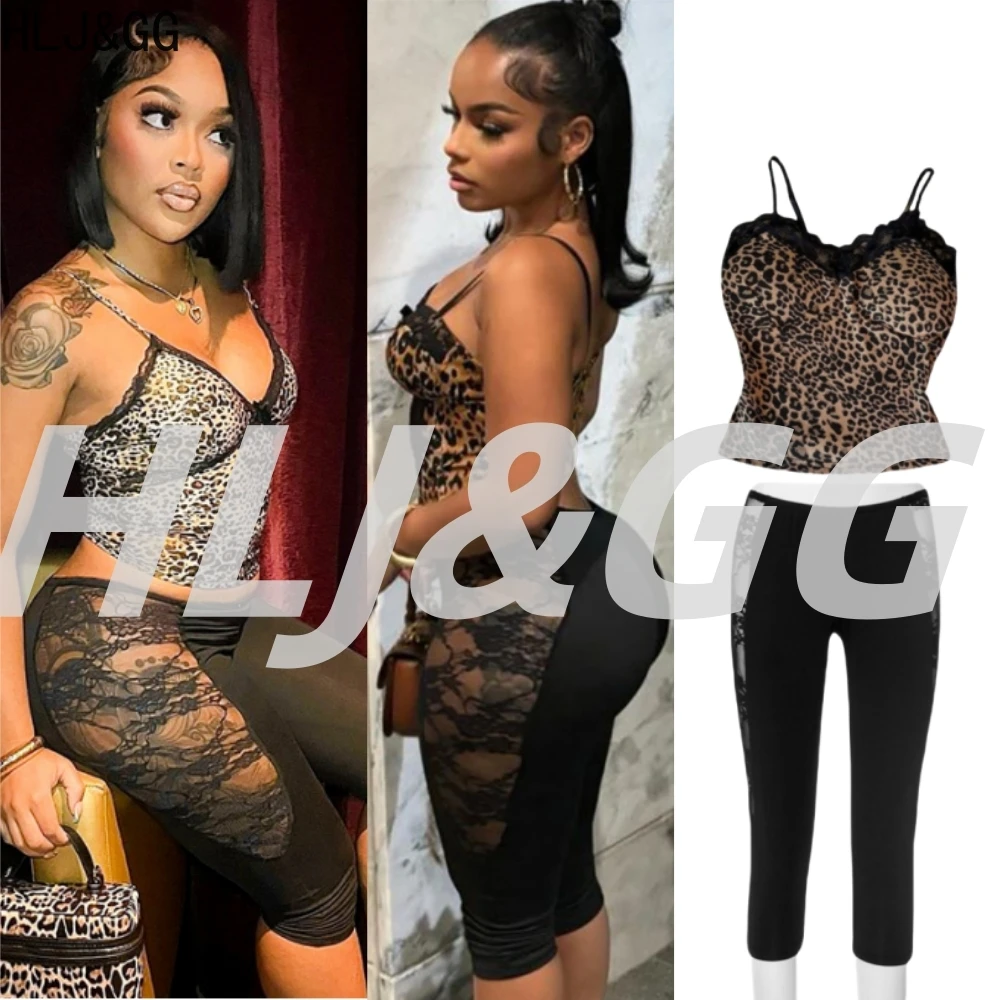 

HLJ&GG Sexy Leopard Lace Splicing Tank Top Two Piece Sets Women Spaghetti Strap Slim Crop Vest + See Though Skinny Pants Outfits