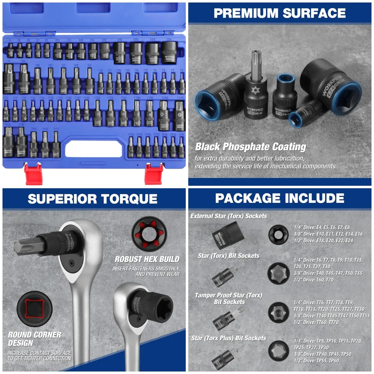 

60-Piece Torx Bit Socket Set, 1/4', 3/8', 1/2' Drive, E4-E24, T6-T70, TT6-TT70, TP8-TP60, CR-V & S2 Alloy