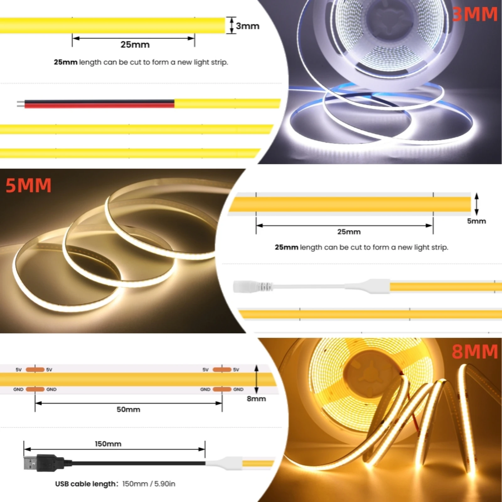 5V 320LEDs/m światło pasek COB LED 3mm 5mm 8mm Ultra cienkie RA90 wysoka jasna elastyczna lampa taśma LED oświetlenie liniowe domowa