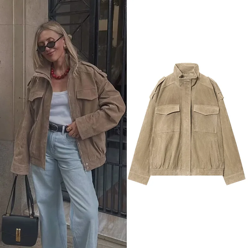 

HipSeam Autumn Women Chic Jackets Thick Pockets Women's Suede Jacket Streetwear Leisure Zipper Lady Coats Vintage Female Tops