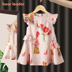 Bear Leader Girls' Dress Summer New Sweet Round Neck Flying Sleeve Flower Print Dress Girls' Fashion Dress Children's Clothing