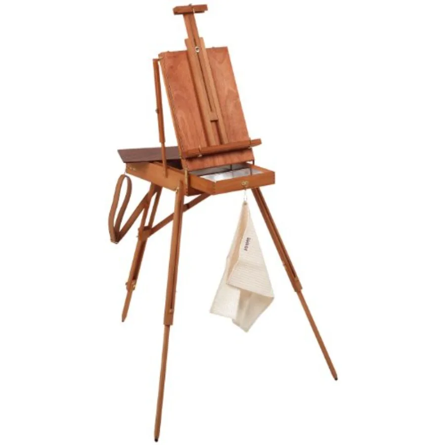 

Full Size Wooden French Sketch Box Easel for studio use, natural wood finish, lightweight yet sturdy construction with adjustab