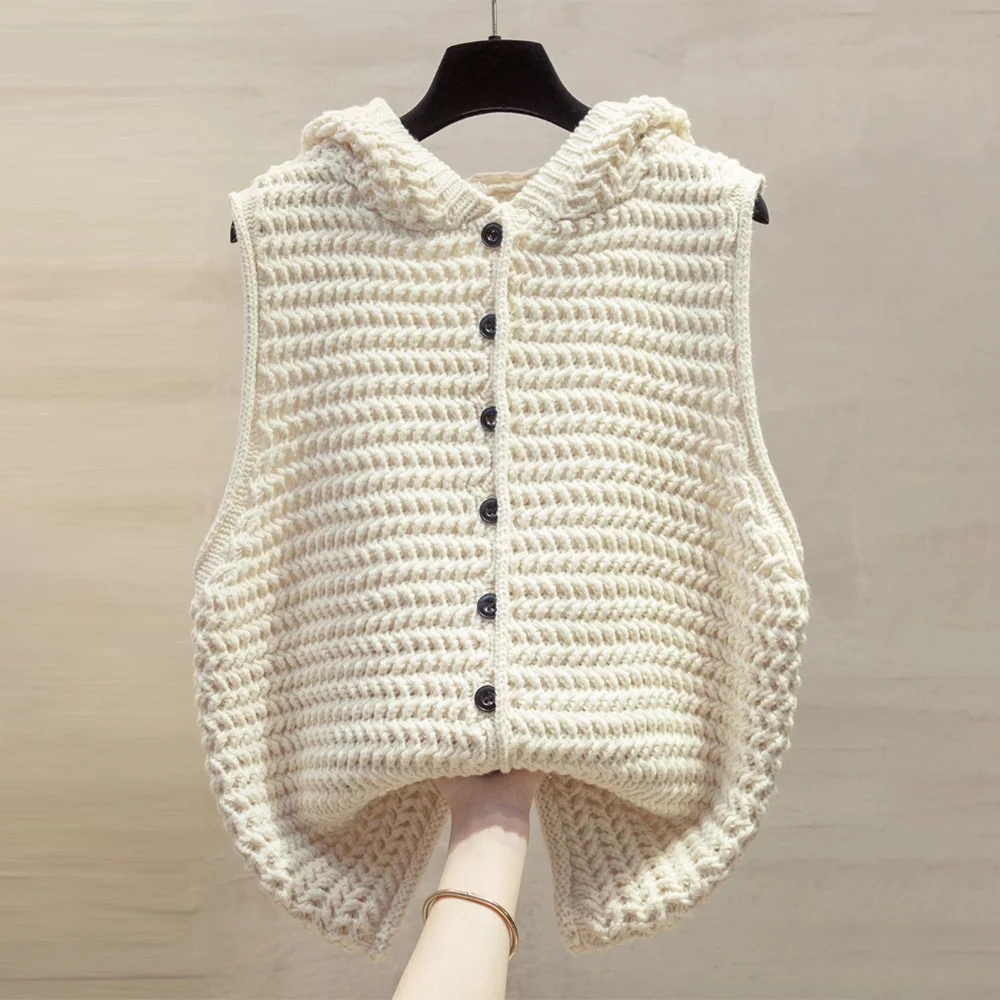 

Thick needle hooded cardigan knitted vest women's 2026 spring, autumn and winter new loose vest outside sweater vest