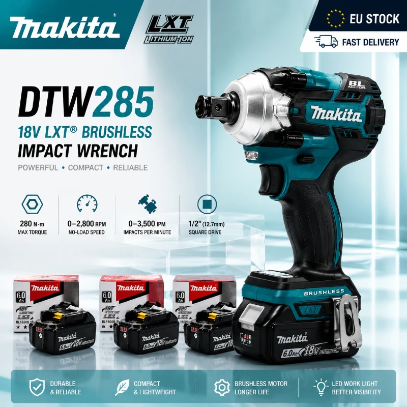 Makita DTW285Z Original 18V LXT 280Nm Schlagschrauber, bürstenloser Motor, 6,0Ah Akku, professioneller Hochleistungs-Akku-Schrauber, auf Lager in der EU, schneller Versand aus Polen.