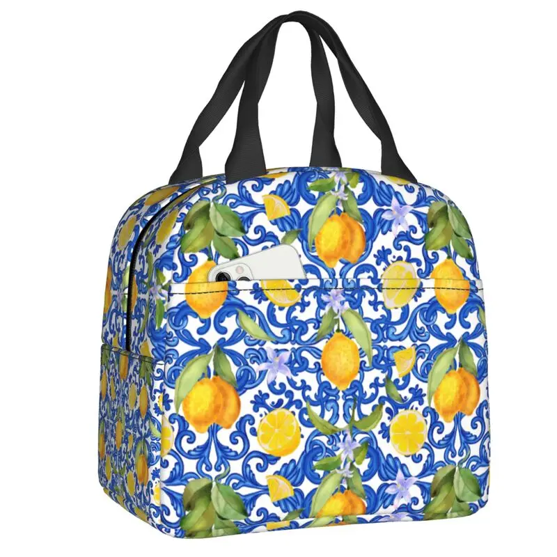Custom Summer Fruit Lemon Mediterranean Tiles Lunch Bag Waterproof Cooler Thermal Insulated Lunch Box For Women Food Tote Bags