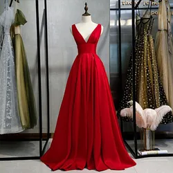 Red Stain Prom Dresses Sleeveless Long V-Neck Sexy Evening Party Gown Style Floor Length Vestidos