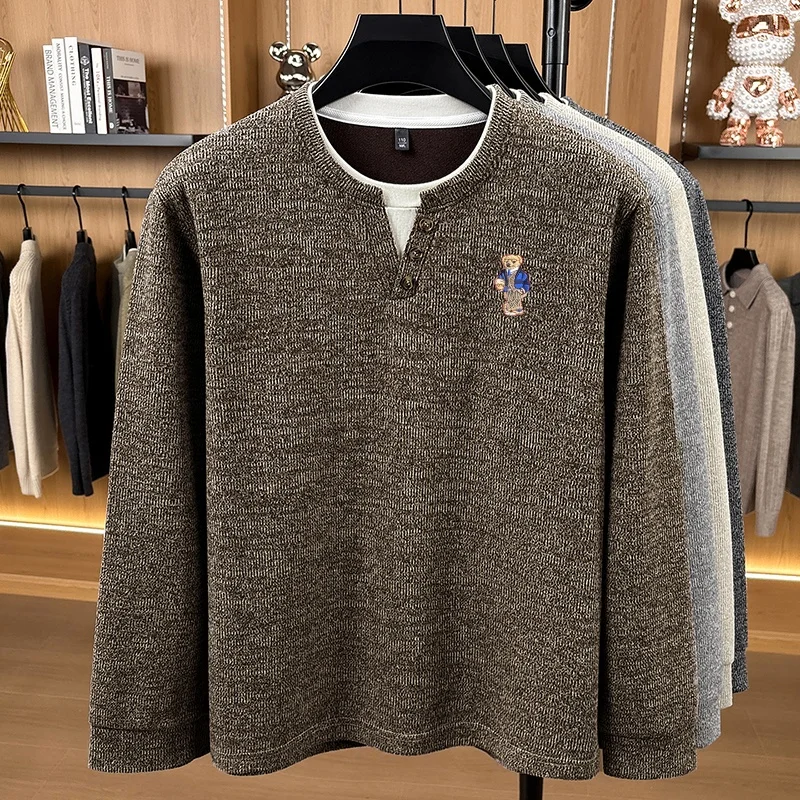 Herren Langarm-Henley-Shirt Waffelstrick-Pullover Zweiteiliges Design mit Knöpfen und Bären-Logo-Stickerei Lässige Warme Herbst-Winter-Oberteile für Männer – Detail 8