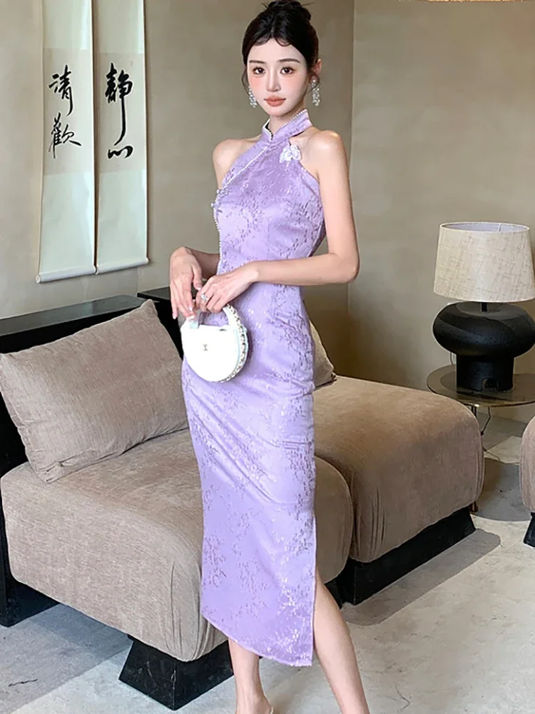 Robe longue de luxe pour femmes, tenue de soirée Chic, col montant, Vintage, coréenne, élégante, violet, Jacquard, diamants, été, 2025