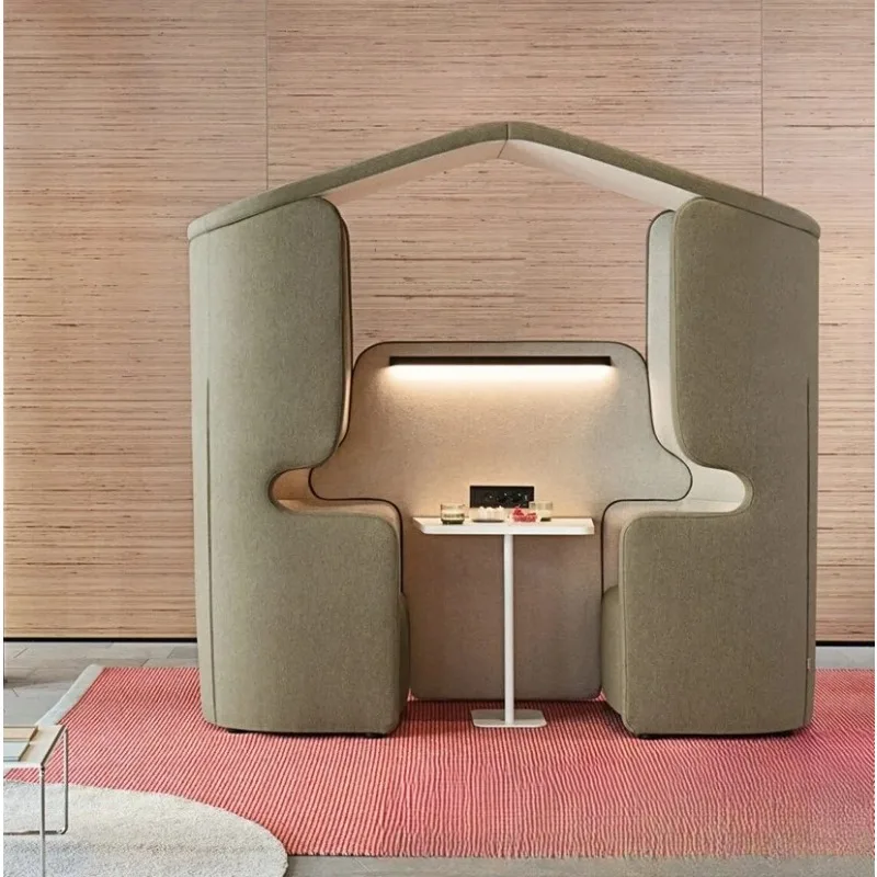 House shape with rooftop, high-back booth, U-shaped sofa combination, screen surrounding private business reception