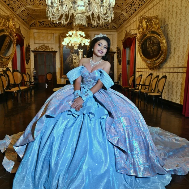 

Shiny Blue Quinceanera Dress off-shoulder glitter flower decal Long tail vestidos de 15 Quinceanera ﻿Customize