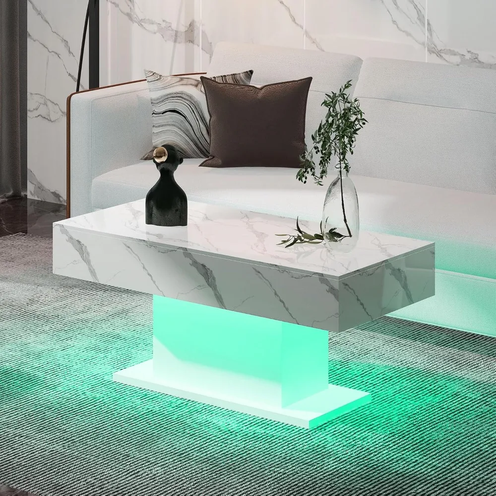 Led Coffee Table for Living Room, Living Room Table Rectangular Center Table, Modern High Glossy Wooden Coffee Tables with 16 Co