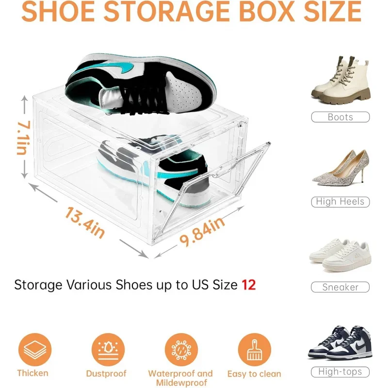 12 Pack Shoe Storage Boxes, Stackable Clear Boxes With Doors, Organizer Containers For Sneakers - Fit US Men's/Women's Size 12