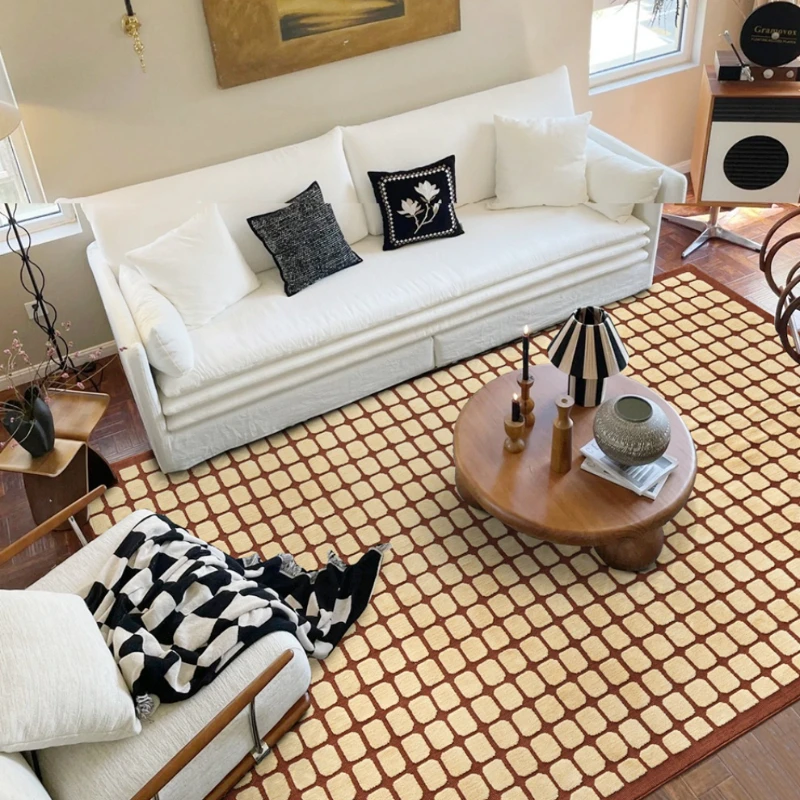 French Retro Living Room Decoration Carpet Large Area Lounge Checkerboard Rug Cream Style Rugs for Bedroom Fluffy Soft Plush Mat