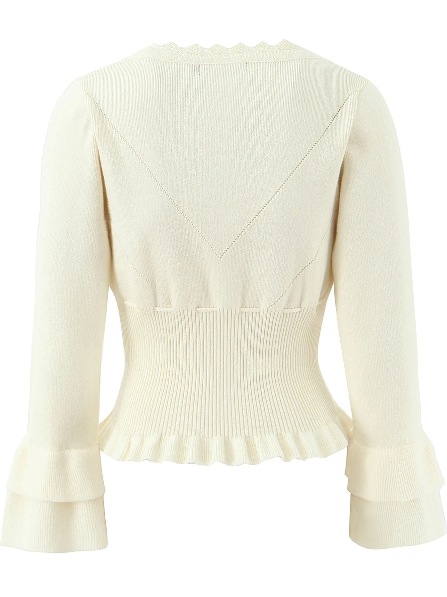 

Retro Slim Fit Long Sve Knitted Top Women's V-Ne Lace Trim Belted Versatile Ele Faionable Spring Autumn Top