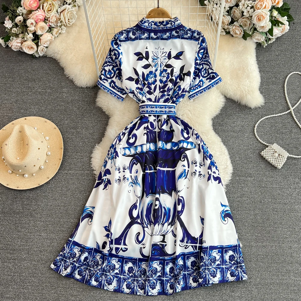 Runway Fashion Summer Print Shirt Dress for Women Short Sleeve Single Breasted Lace Up Belt Vintage Holiday Vestidos Casual