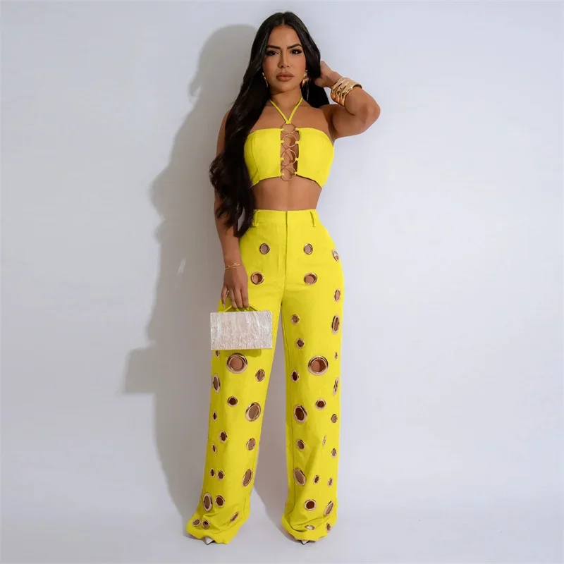 

Sexy Club Party 2 Piece Sets Women Outfit Festival Clothing Hollow Out Halter Crop Top and Pants Conjuntos Femininos Elegantes