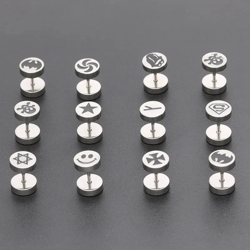 Stainless Steel Barbell Dumbbell Studs Earrings For Men Women Punk Gothic Pattern Earrings Fashion Piercing Jewelry Wholesale