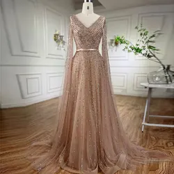 Silver Sparkling Sequins Elegant Party Dresses for Women's Luxury Champagne V Neck Long Sleeves Lace Bridal Wedding Drag Gowns