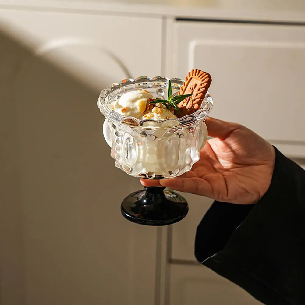 High Leg Glass Cup Vintage Style Drinking Glass Vintage Embossed Glass Dessert Cups Thickened Footed Ice Cream Bowls for Parties