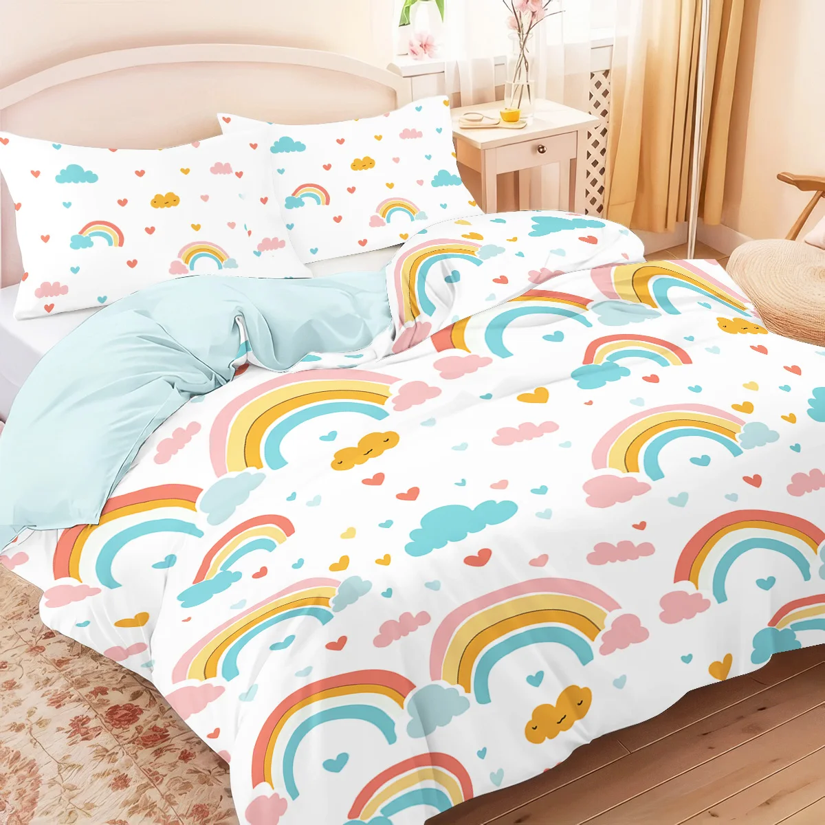 3pcs (1 quilt cover, 2 pillowcases, no core), colorful and cute rainbow element printed bedding set, soft and comfortable