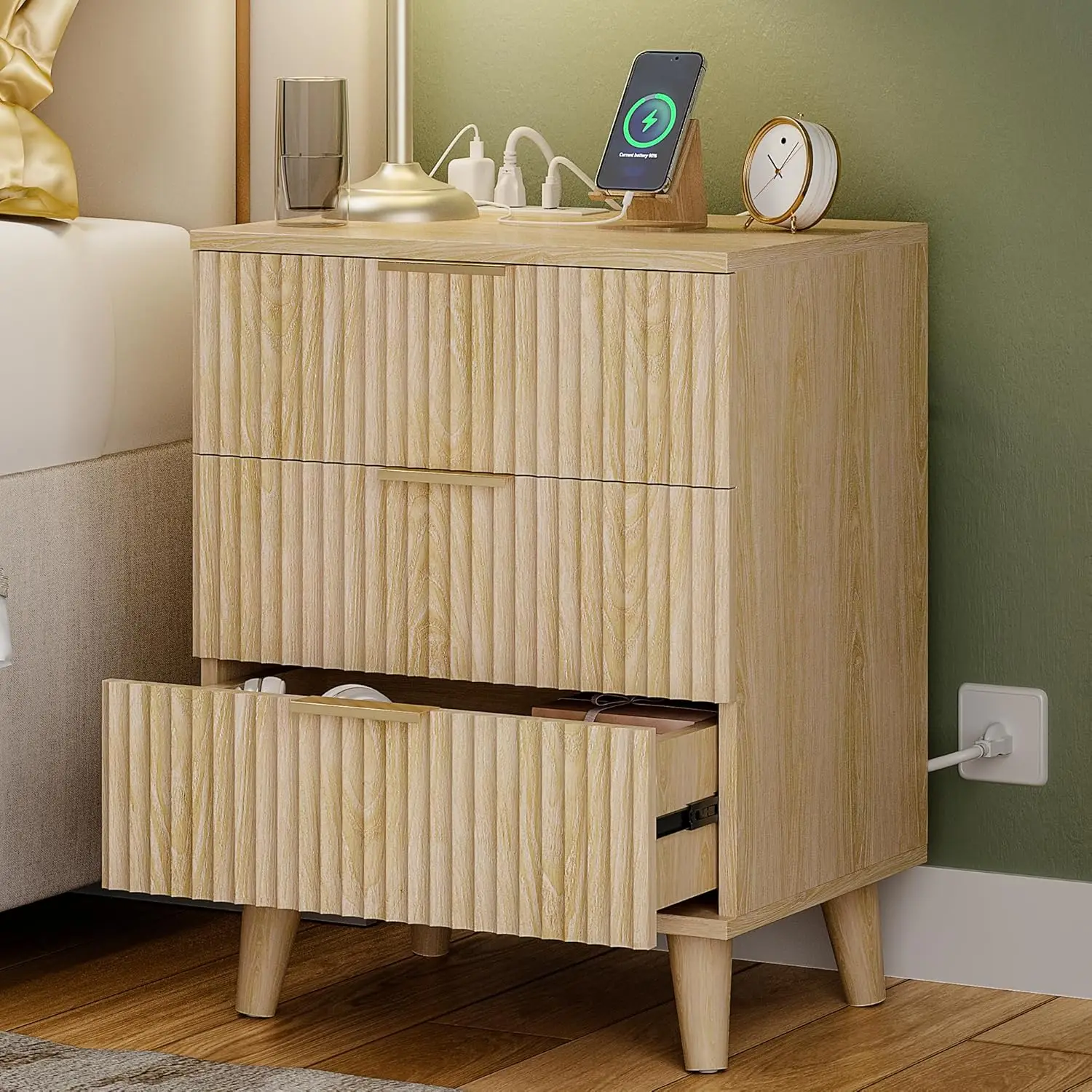 3 Drawers Dresser Fluted Night Stand with Charging Station, Storage Nightstand Modern Side Table, Bedside Table for Bedroom, Ent