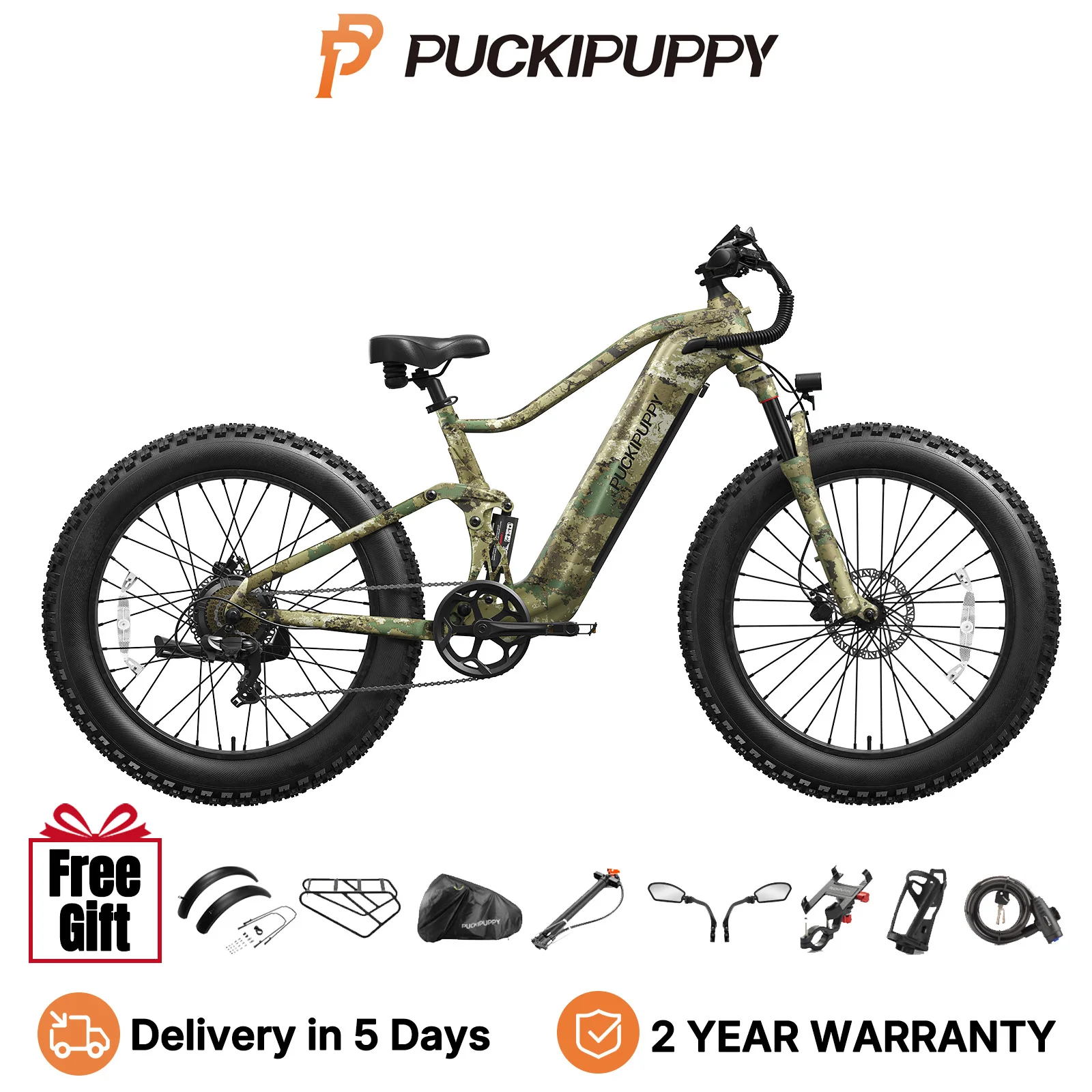 

PUCKIPUPPY Boxer Electric Bike 960W 48V 20AH Battery Electric Bicycle 28MPH 140Miles Range Full Suspension 26" Fat Tire E-bike