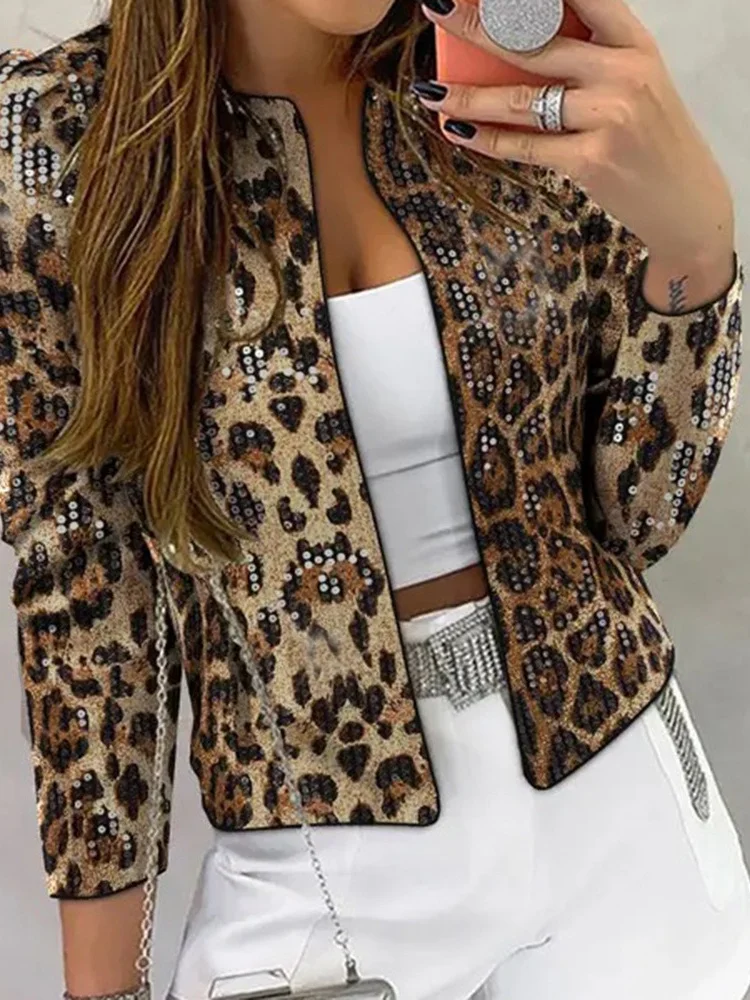 

Wmstar Tailored Coat Women's Clothing Wholesale Leopard Print Sequined Personalized Outdoor Long Sleeve Suit Jacket Dropshopping