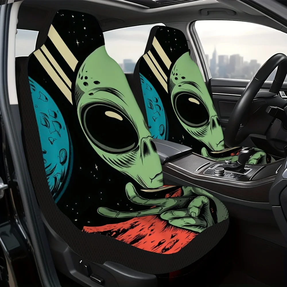 Set Of 2, Trendy Front Seat Covers Featuring An Alien Peace Sign Design, Ensuring Driver Comfort During Everyday Travel, A Fashi